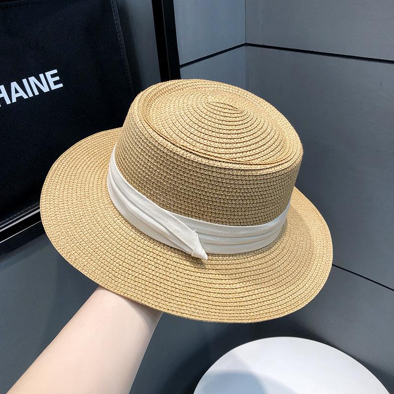 French Flat-Top Sunshade Straw Hat Children S Straw Top Hat Summer Seaside Vacation Sun Protection Beach Sun Hat M（56-58cm）