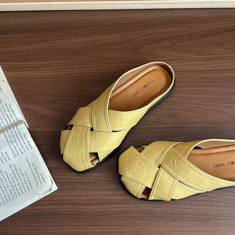 

2025 new soft bottom woven bag head slippers wear flat bottom hollow retro lazy one foot half slippers women 40 жёлтый