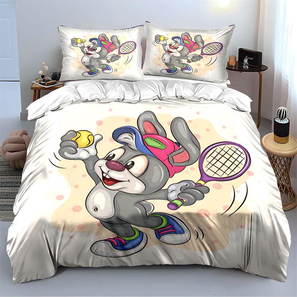Tennis Bunny Cartoon Design Bedding Duvet Cover Set Duvet Cover Pillowcases (1*Duvet Cover 2*Pillowcases, without duvet insert)