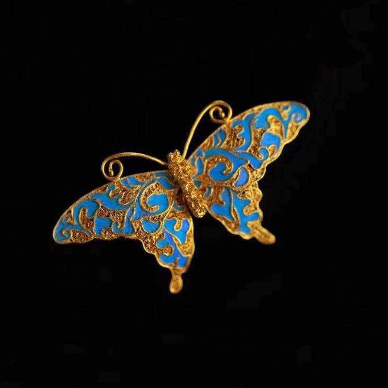 Palace Style Exquisite Butterfly Brooch For Women Fashion High Quality Ancient Gold Craftsm Blue-Green Enamel Vintage Jewelry