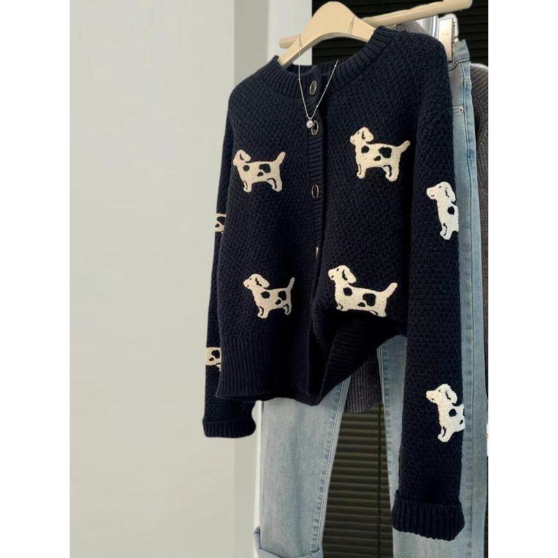 

Early Autumn Puppy Fancy round Neck Knitting Cardigan Sweater Black S