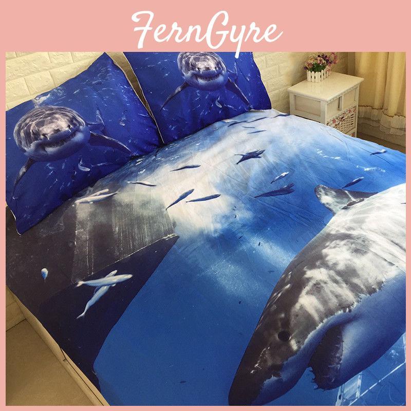 Luxurious 3d Shark Duvet Cover With Pillow Cases Marine Animal Quilt Bedding Set New