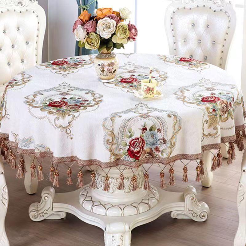 Luxury European Style Round Tablecloth with Tassel Embrodered Table Cover for Wedding Decor Christmas Round Table Cloth