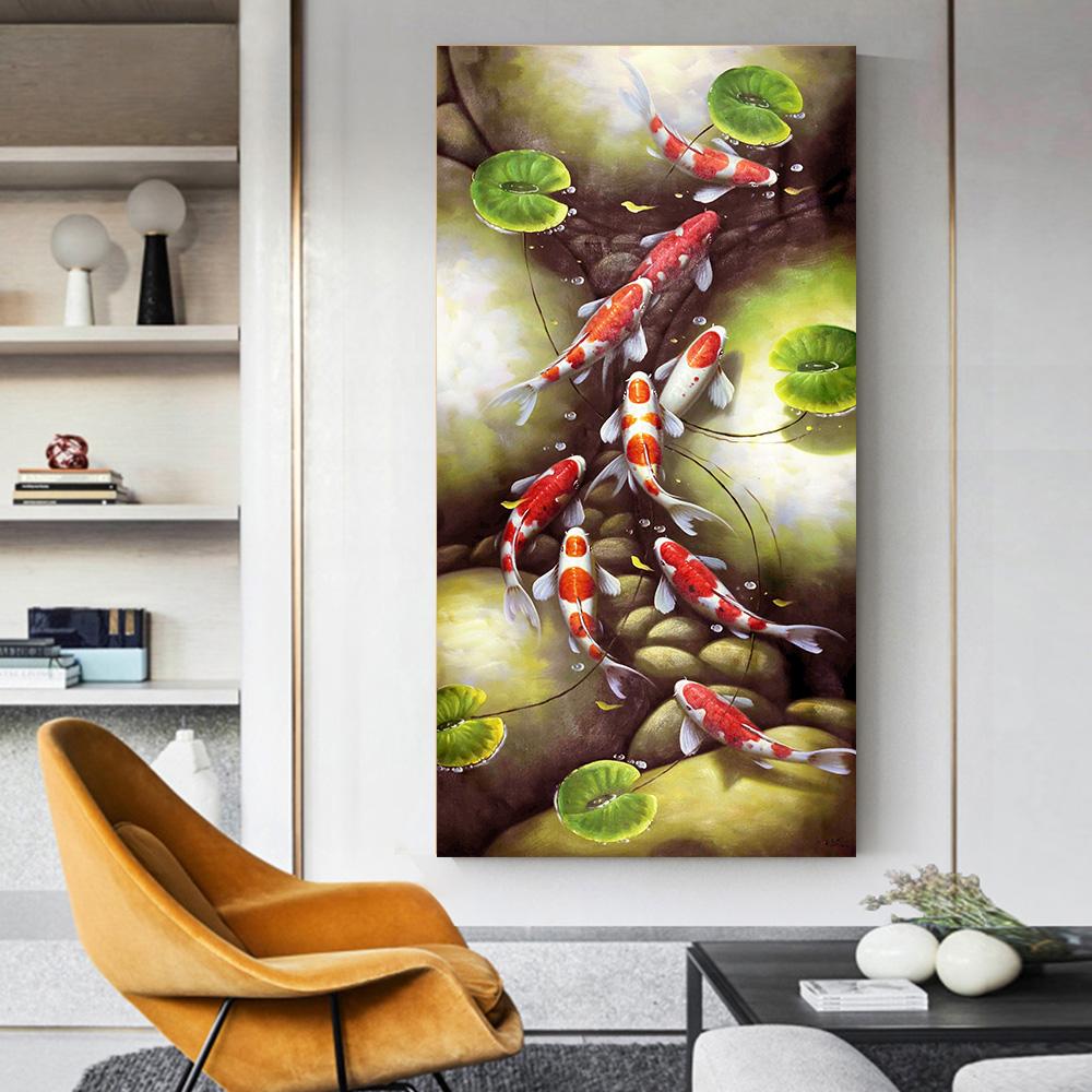 Ohromující abstraktní plátno s malbou kaprů koi a lotosového květu pro nástěnnou malbu a dekoraci verandy, ložnice a obývacího pokoje