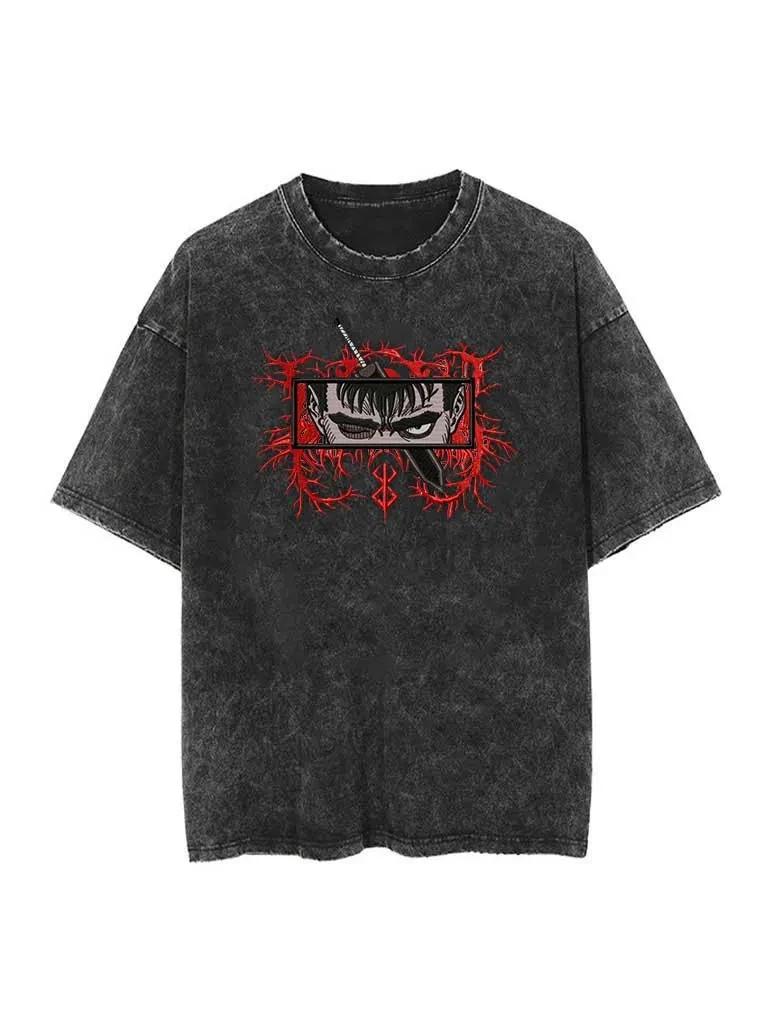 Berserk Animation Derivatives Guts Printing Retro Washed Short-sleeved T-shirt Men's and Women's 2026 Summer Fashion Clothing