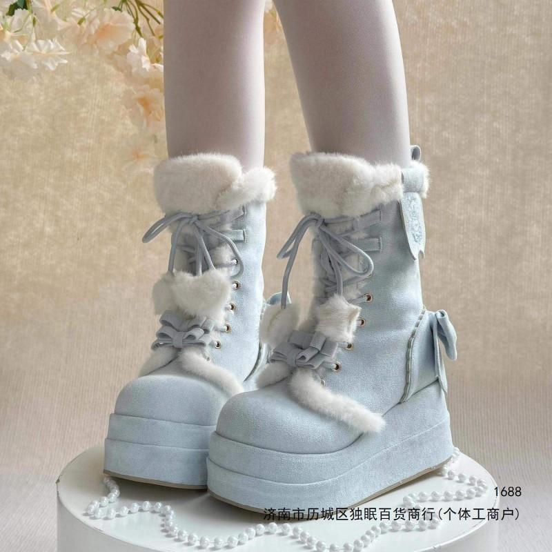Cute Fluffy Lolita Winter Warm Fleece-Lined Platform Snow Boots Women Sweet Style Black Pink Blue