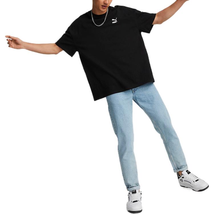 Puma Solid Color Chest Logo Print Crew Neck Short Sleeve T-Shirt Men Tops Black 673654-01