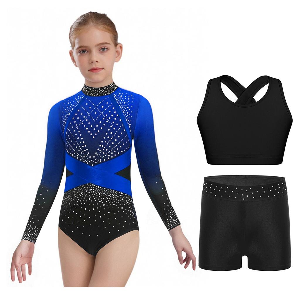 Girls Sparkly Rhinestones Color Block Leotard Long Sleeve Keyhole Back Design Cross Back Vest Shorts Skating Outfit