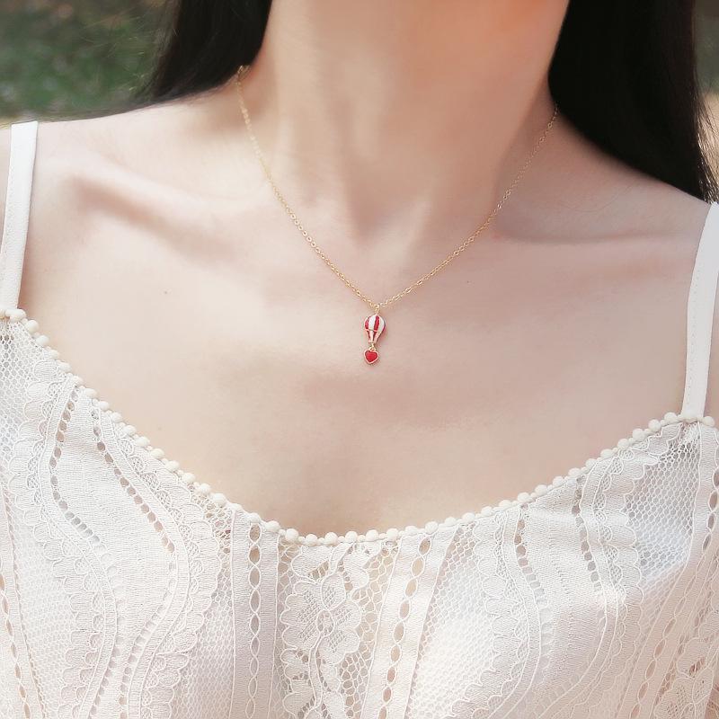 S925 Sterling Silver Gold Plated Red Heart Clavicle Chain Hot Air Balloon Necklace - Japanese & Korean Design for Women