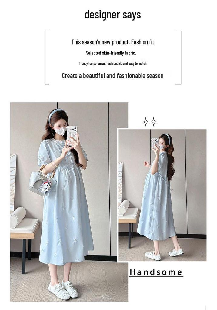 2026 Summer Collection: Sweet Bow Embroidered Loose Cotton Maternity Dress, Short-Sleeved