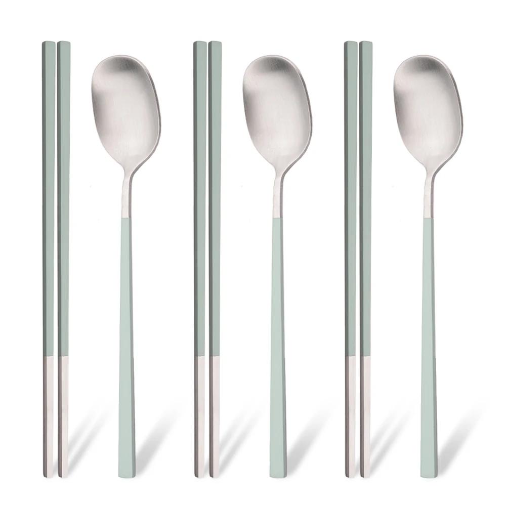 Pink Silver Matte Korean Tableware Set 6Pcs Luxury Cutlery Set Stainless Steel Dinnerware Spoon Chopsticks Flatware Cutlery Set