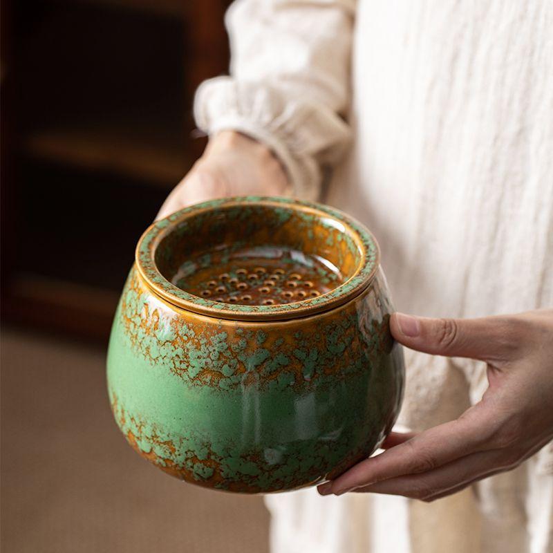 Kiln Change Green Glaze Premium Ceramic Large Tea Residue Bowl Tea Water Separation Tea Rinse Basin for Gongfu Tea