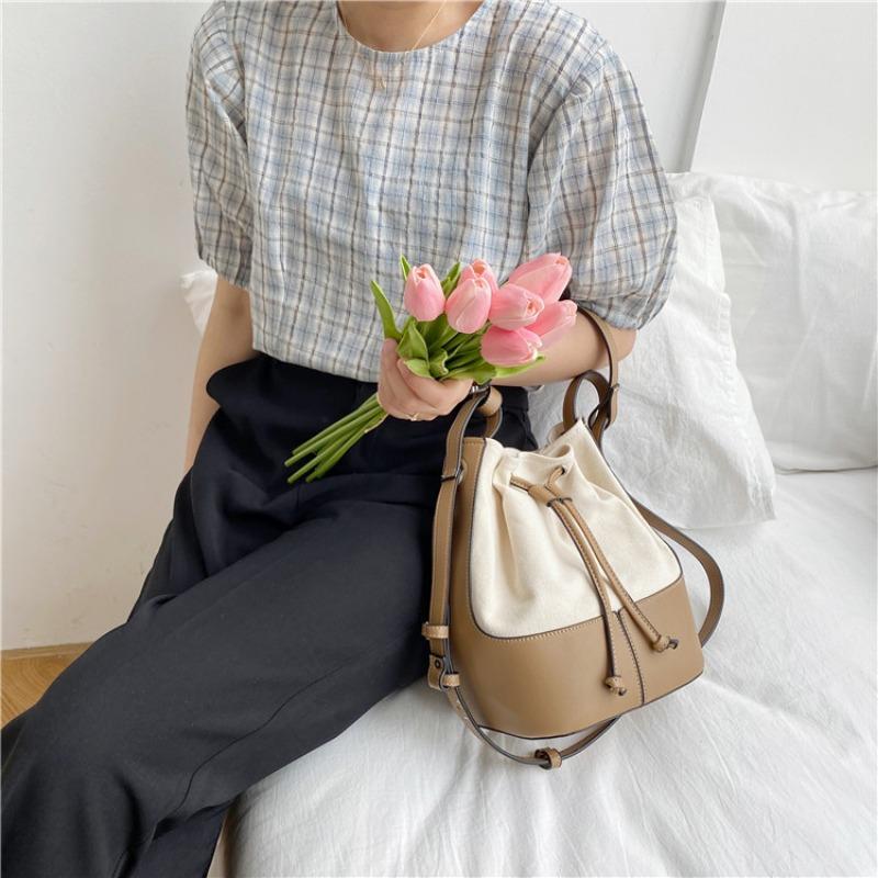 Portable Canvas Bag Niche Splicing Design Shoulder Messenger Bag Fashion Versatile Drawstring Bucket Bag Women