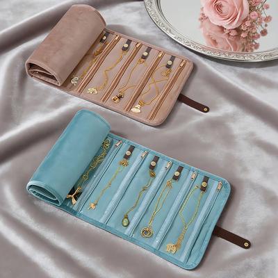 Roll-Up Velvet Jewelry Organizer Foldable Multi-pocket Necklace Storage Bag Zipper Anti-lost Flannel Jewelry Storage Pouch