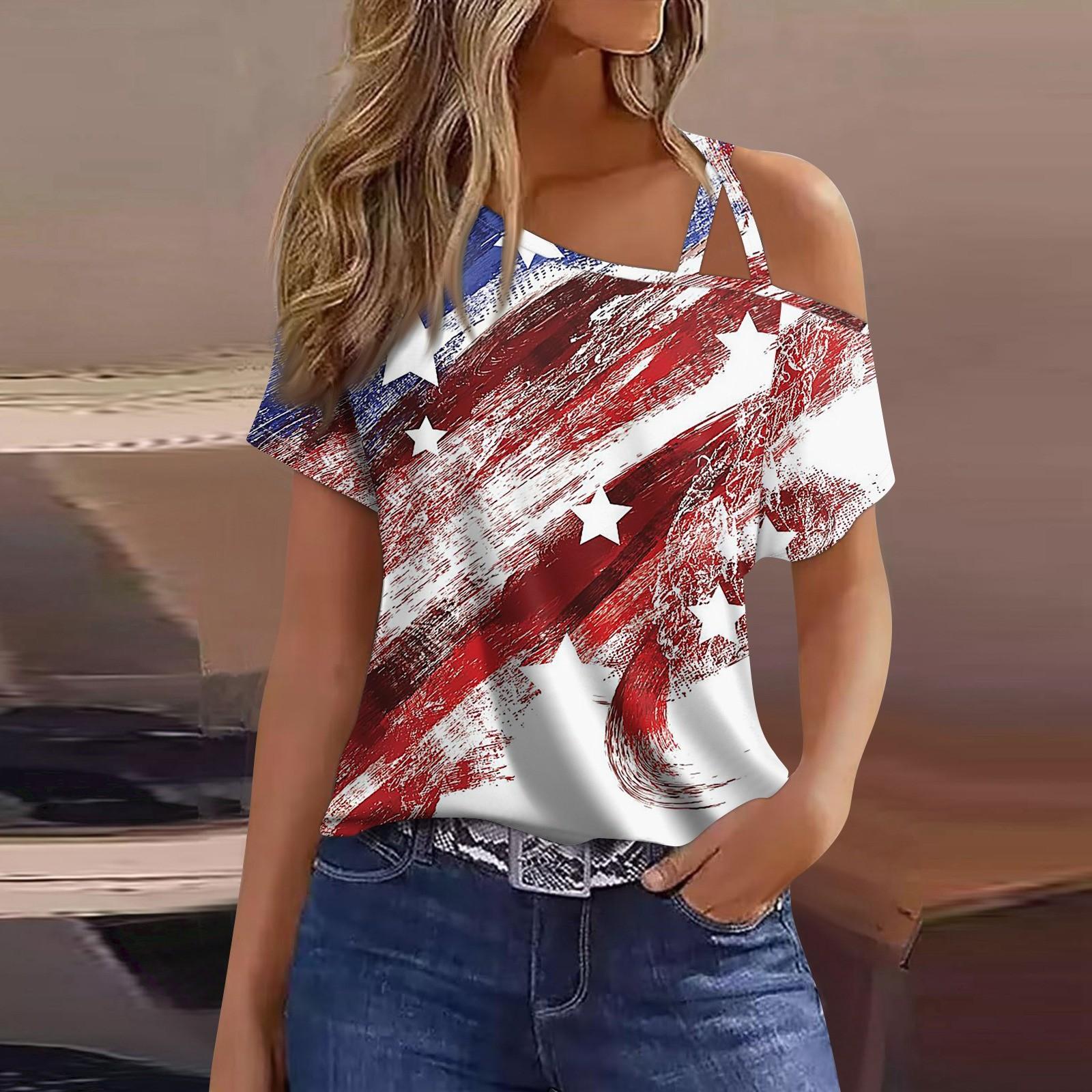 

Женская мода, повседневная футболка с принтом на День независимости, сексуальная футболка с короткими рукавами и открытыми плечами, топ
