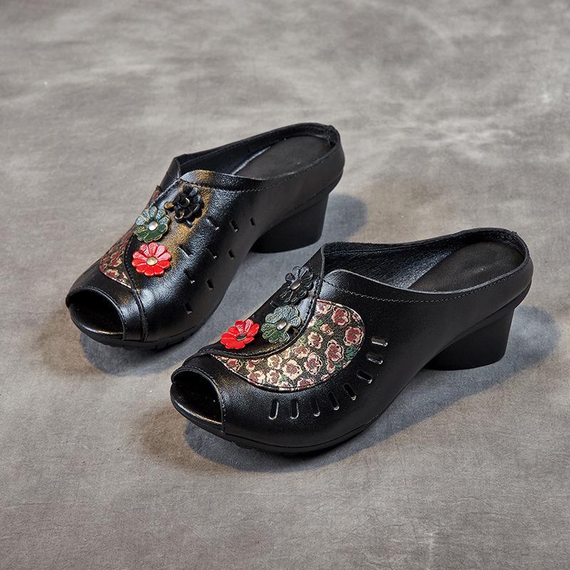 Slippers summer 2025 new first-layer cowhide thick heel soft-soled sandals outer wear ethnic style hollow breathable hole shoes
