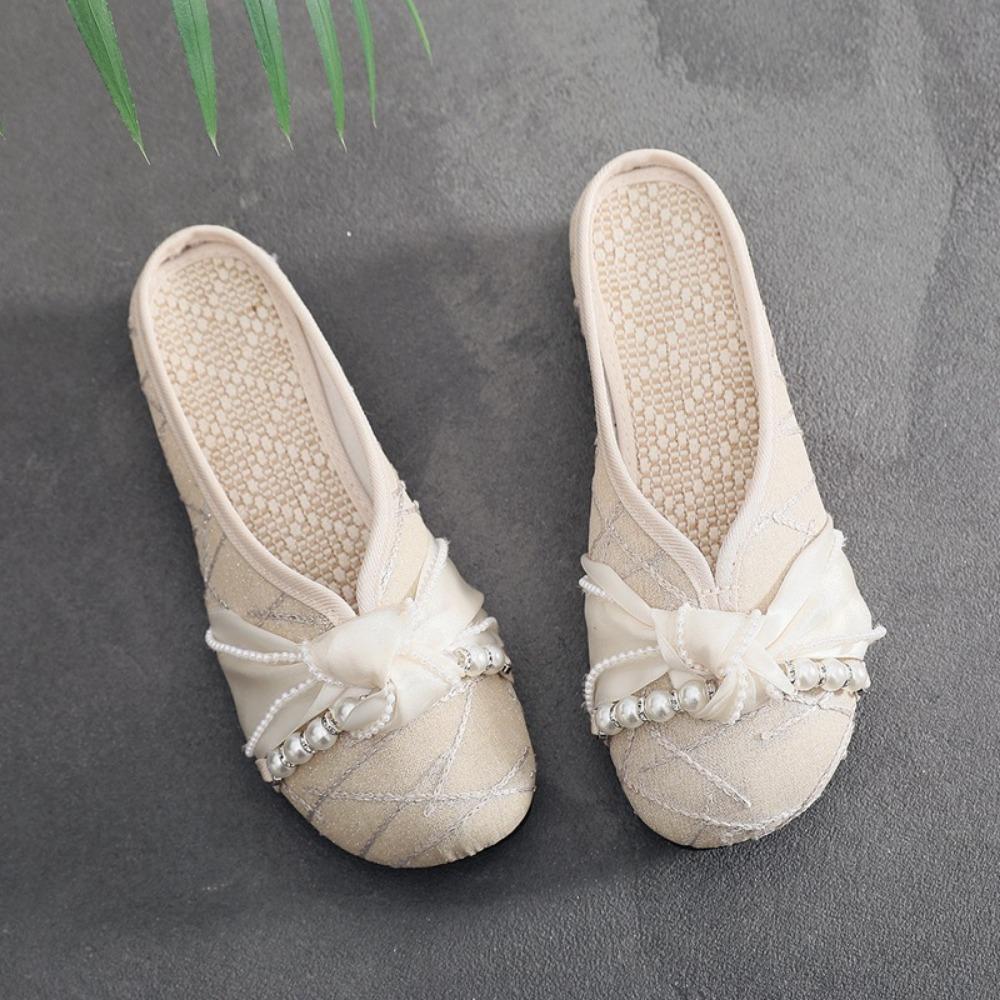 Women Slippers Summer Cloth Shoes Ethnic Style Linen Flat Slippers Women's Outside Baotou Half Dragged Women Sandals Bead Style