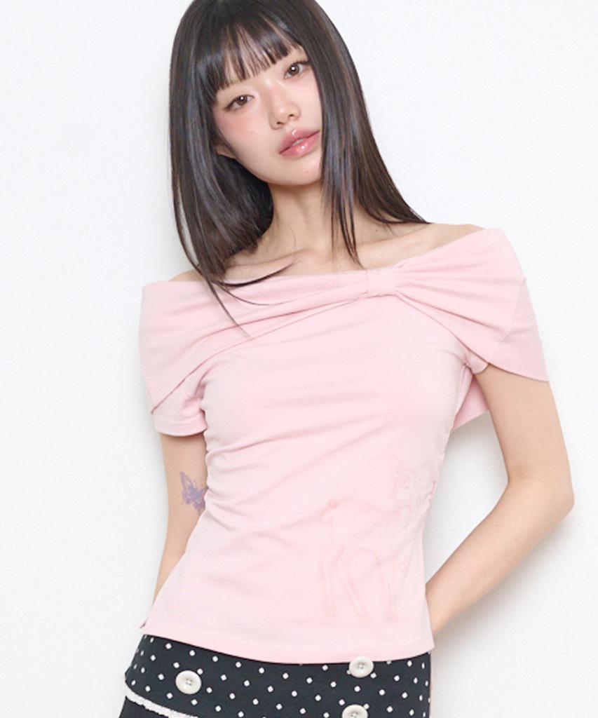 ILLIGO Saeso Dear Bow Off-Shoulder Tee Pink