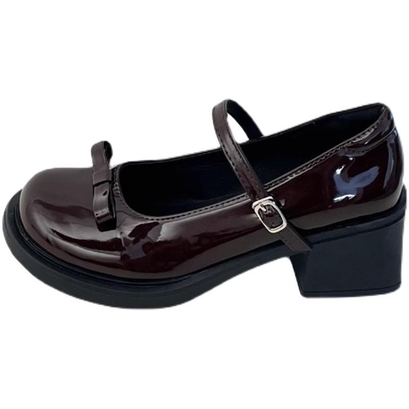 Bow Mary Jane Shoes Women's Fashion Versatile Small Leather Shoes with Skirt Single Shoes Brown
