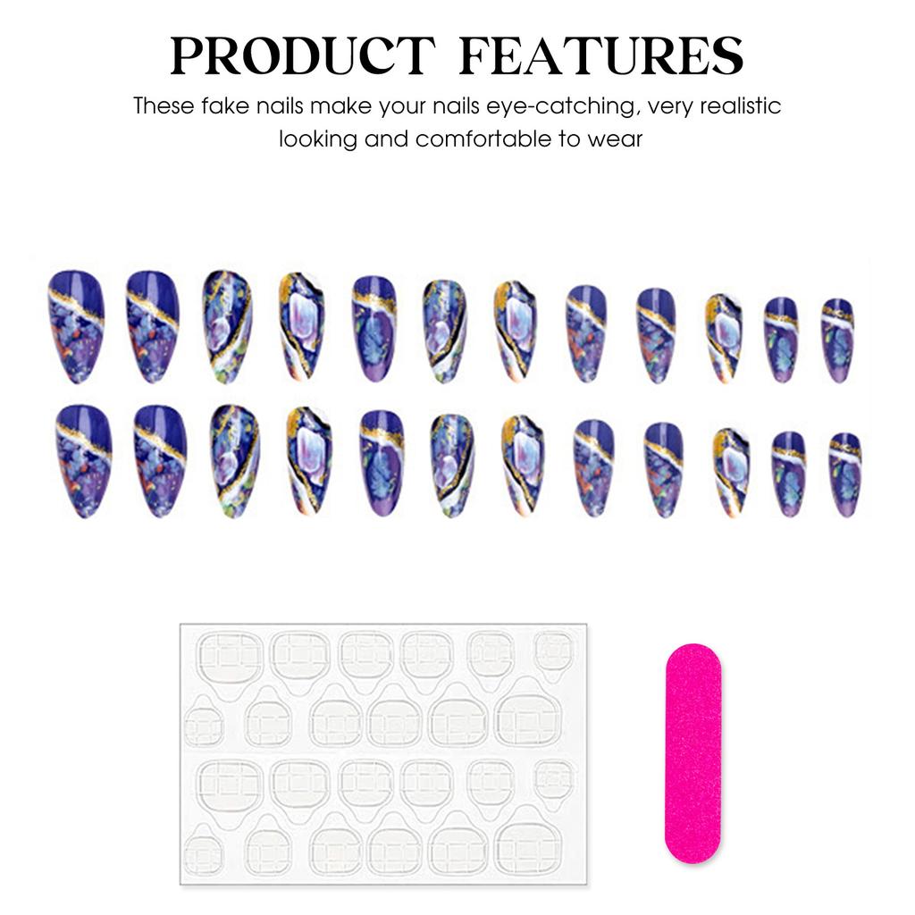 Blue Fake Nails with Colorful Decor Charming Comfortable To Wear Manicure Nails for Women and Girl Nail Salon