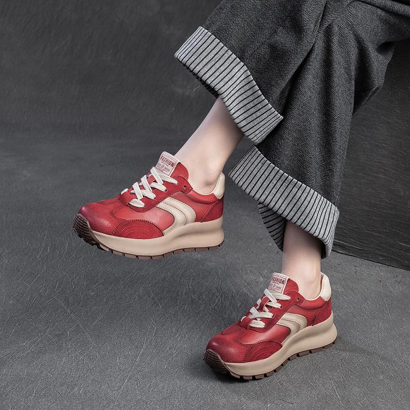 Spring and Autumn Thick-soled Trendy Cool Red Dad Shoes Genuine Leather Retro Sports and Leisure Shoes Cowhide Women's Travel Shoes