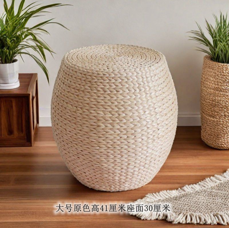 Round Rattan Ottoman Seat Cushion Handmade, Tatami Footstool, Tea Table Stool for Living Room, Low Height Chair