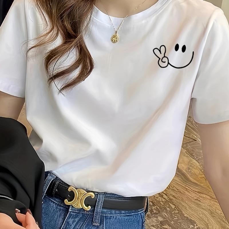 Smile Print Crew Neck T-Shirt Casual Short Sleeve T-Shirt For Spring & Summer Women's Clothing Hop Casual Female Clothing