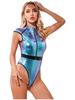 Womens Halloween Saucer Man Costume Role Play Design Mock Neck Zipper Front Bodysuit Cap Sleeve Catsuit