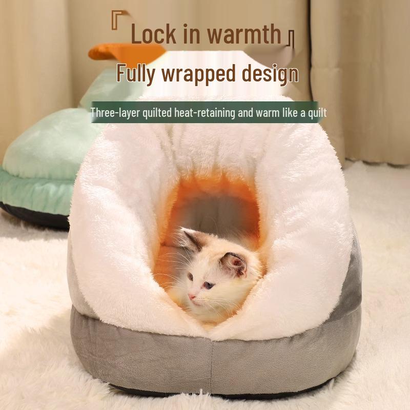 Cozy Winter Slipper-Style Cat & Small Dog Bed - Warm, Thick, Semi-Enclosed Design for Cold-Proof Comfort