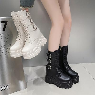 Bottes pour femmes style punk Bottes mi-mollet à la mode Bottes à plateforme rehaussantes pour femmes Bottines décontractées en cuir Botas Mujer