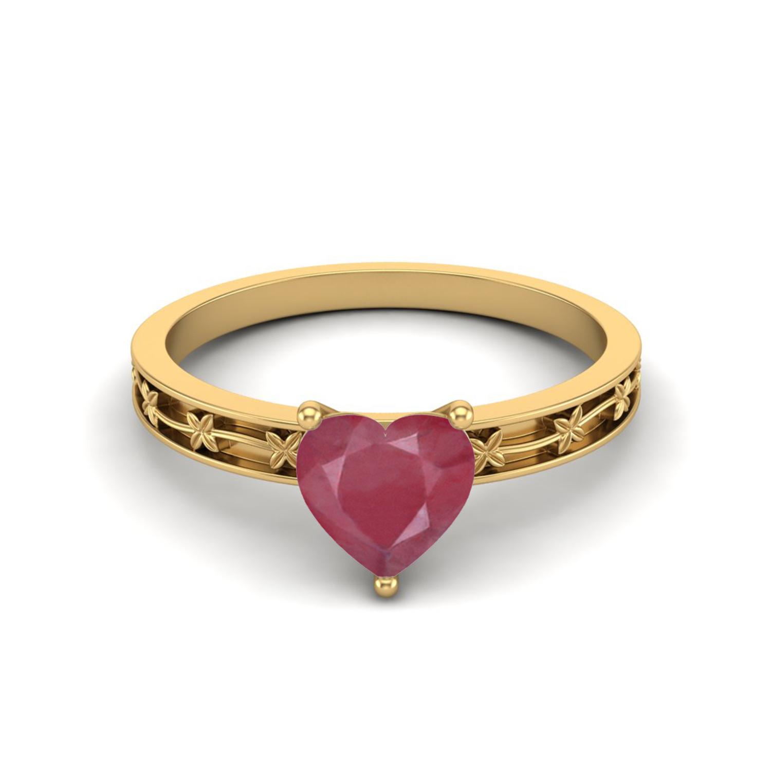 1.00 Cts Heart Shape Ruby 925 Sterling Silver Gold Vermeil Solitaire Flower Engraved Shank Engagement Women Love Ring 5