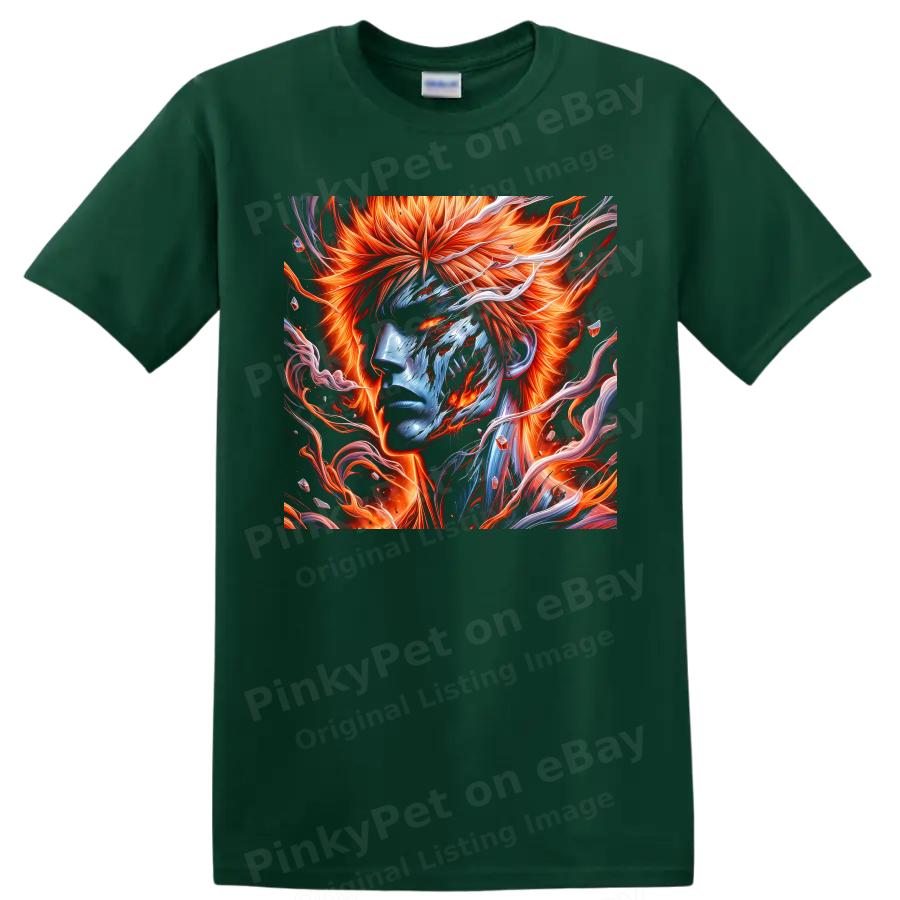 Ichigo Kurosaki Anime T Shirt Fiery Orange Blue Portrait Graphic Tee Gift Art