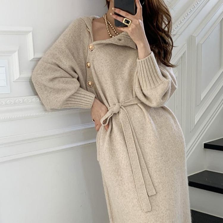 

Vintage Turtleneck Buttons Long Sleeve Long Dresses Winter Fashion Casual Loose Knitwear Warm Women Knitted Dress Black Apricot XS