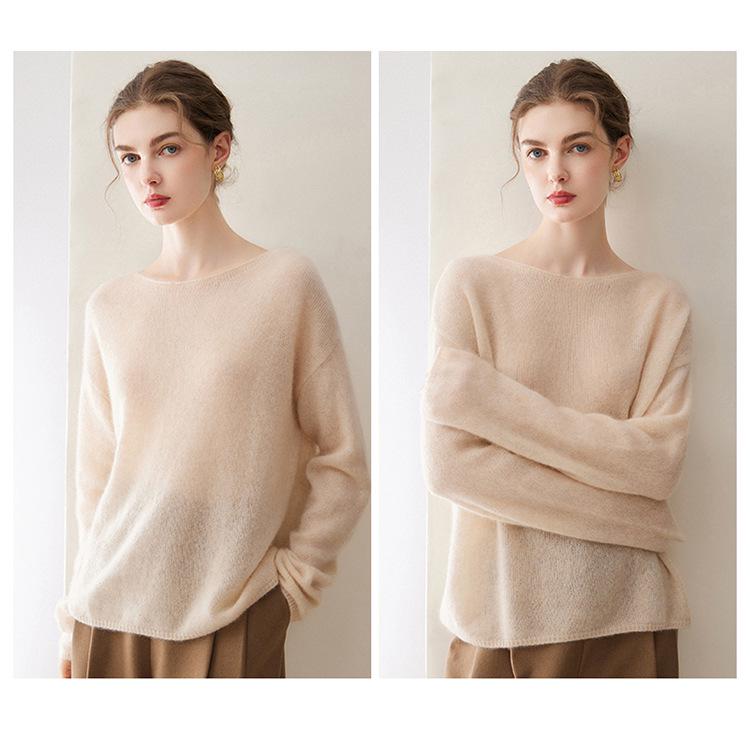 Women's Velvet Pullover Sweater - 75% Cashmere, 25% Mulberry Silk, One-Shoulder, Drop Shoulder, Long Sleeve Knit Base Layer.