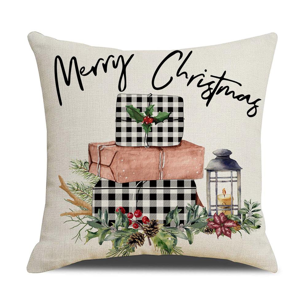 Red and Black Plaid Christmas Pillow Holiday Pillow Cover Linen Cartoon Print Holiday Cushion Cover