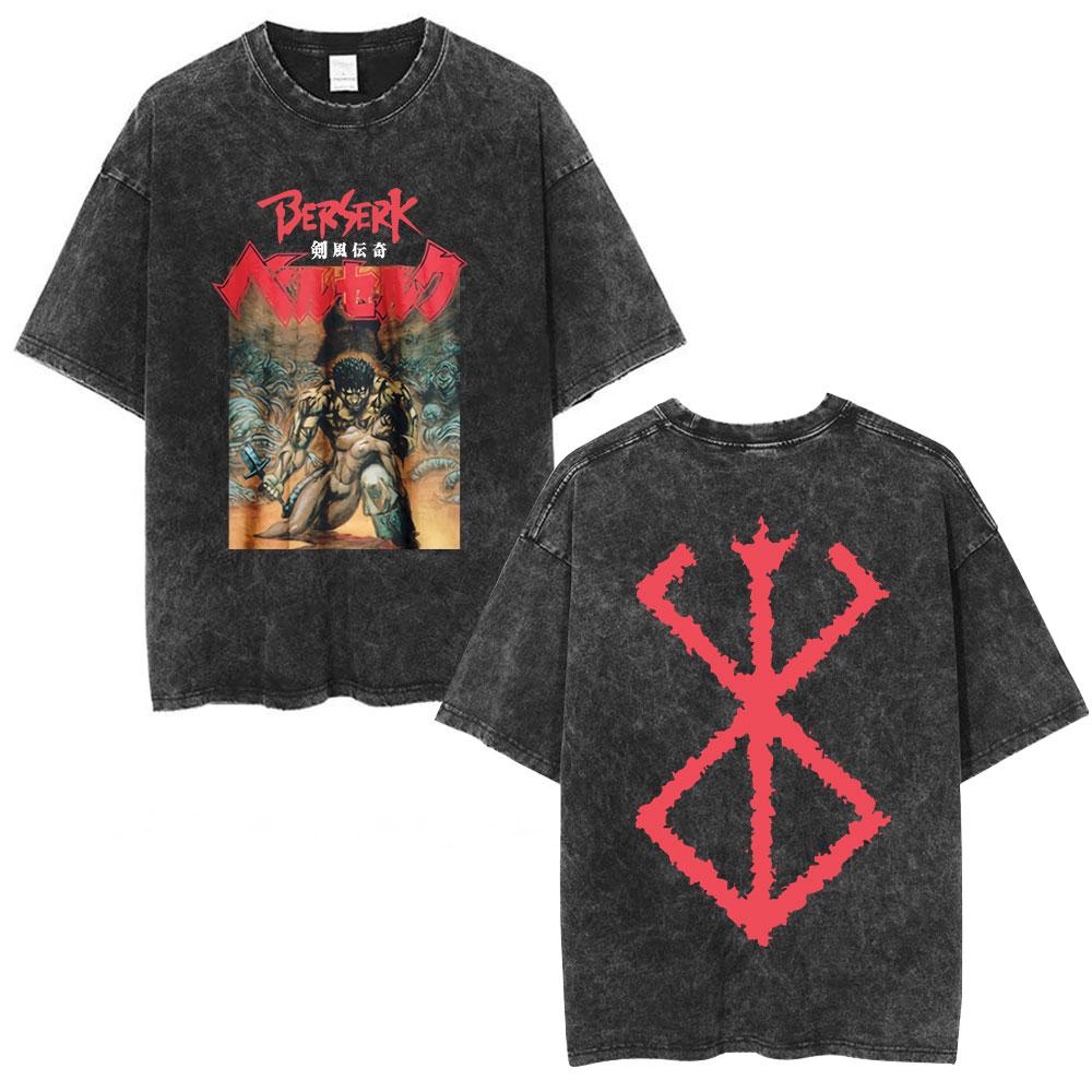 Japanese Anime Berserk Guts Vintage Washed T Shirt Griffith Swordsman Gatsu Sacrifice Zodd T-shirts Unisex Cotton Casual T-Shirt