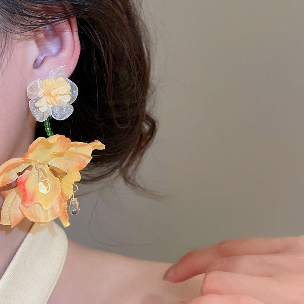 Beach Jewelry Simulated Flower Drop Earrings Silver Needle Vacation Style Earrings  Gift