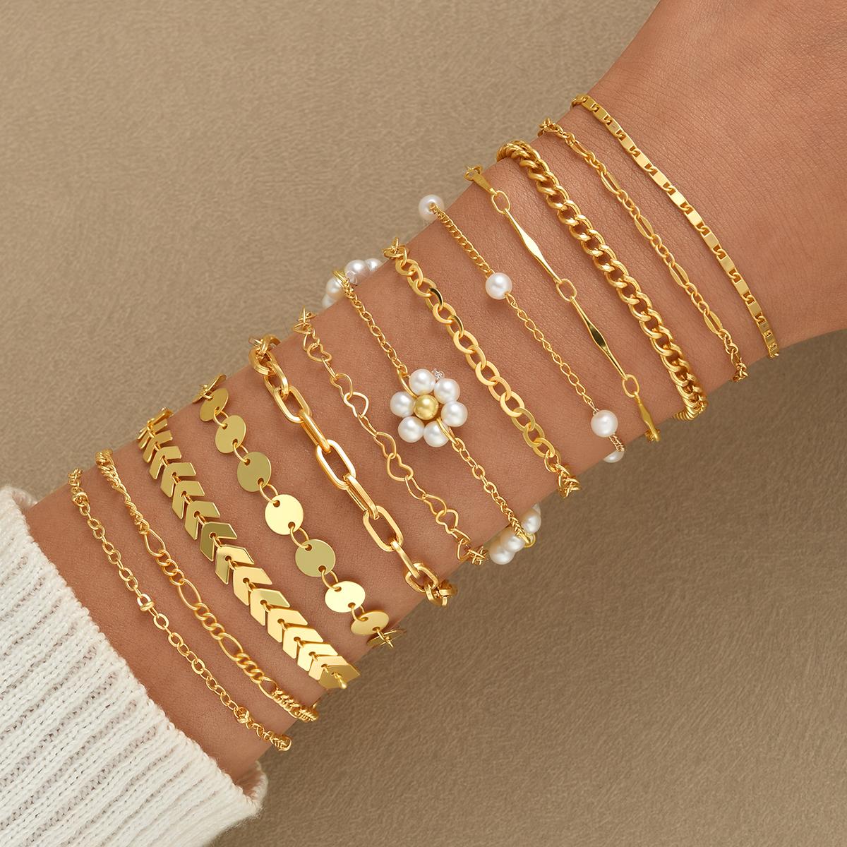 

IF ME 16 Piece Flower Aircraft Chain Bracelet Set Fashion Jewelry Women Trendy Shiny Daily Party Accessory Adjustable Decorative Gift