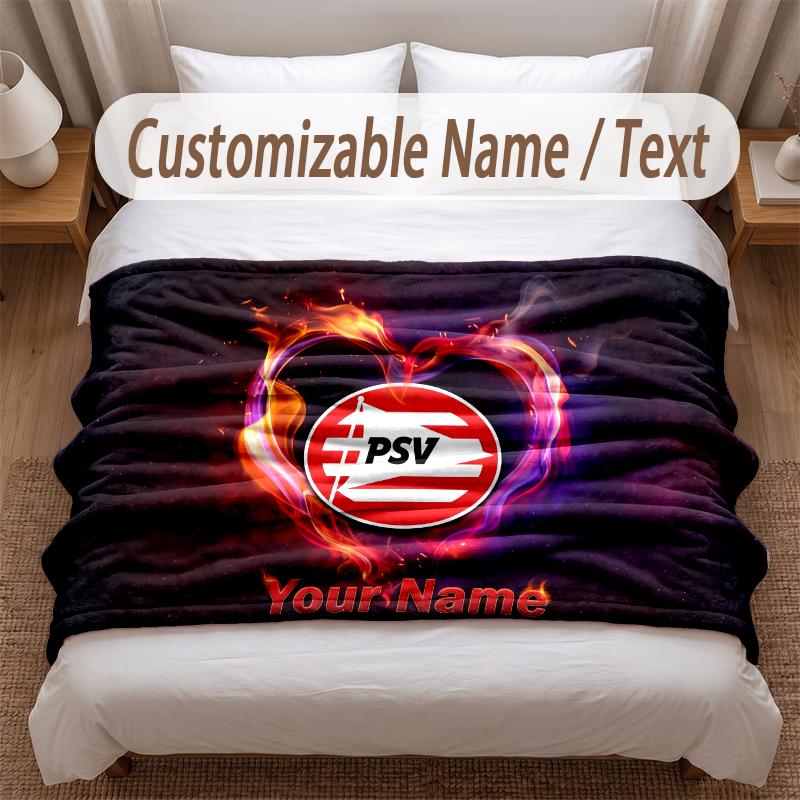 PSV Eindhoven FC Printed Flannel Blanket Custom Name Text Soft Warm Throw For Bedroom Holiday Gift