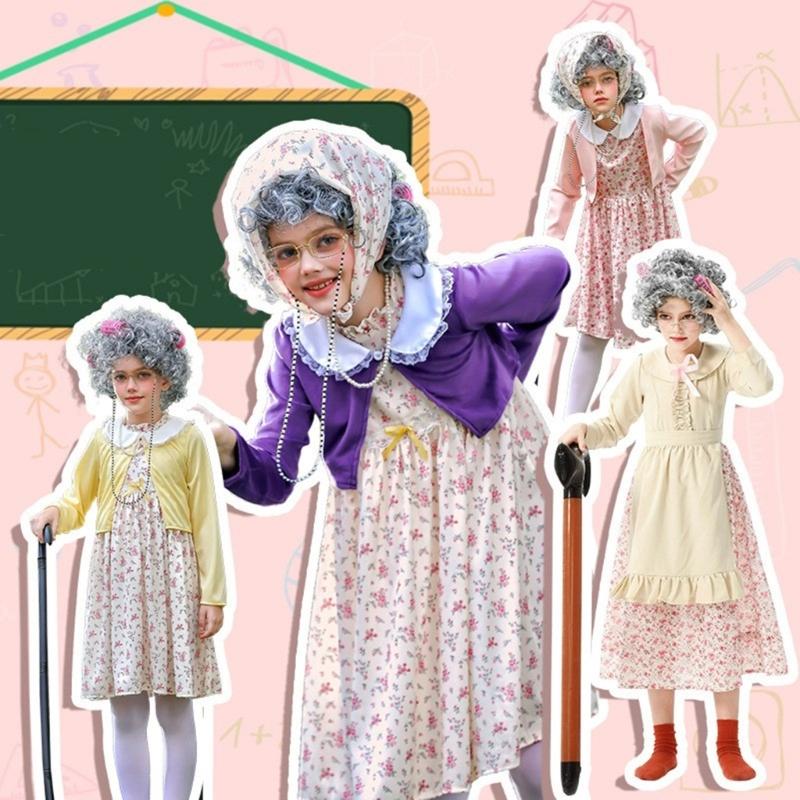 10pcs Kids Old Lady Costume Set 100th Day of School Costume for Halloween Cosplay Props for Girls