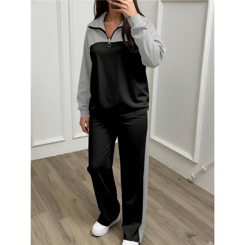Women 2 Piece Tracksuit Color Block Half Zip Sweatshirt & Wide Leg Pants Set Casual Knit Loungewear Outfit