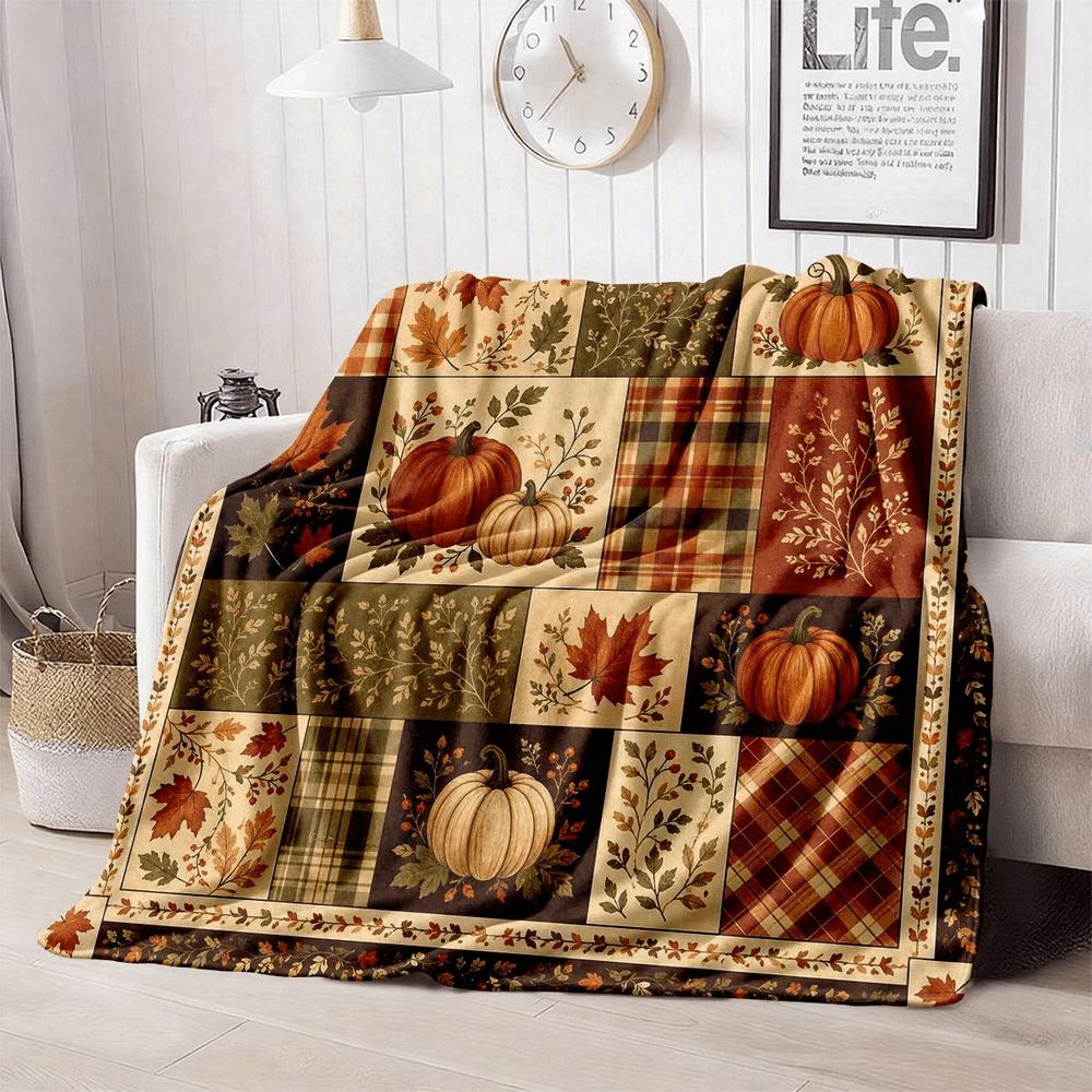 1pc, 2D Flat, of Ultra-Warm And Soft Blanket, Patchwork Plaid with Maple Leaf And Gourd Patterns, Suitable for All Seasons, for Sofa, Camping, Travel