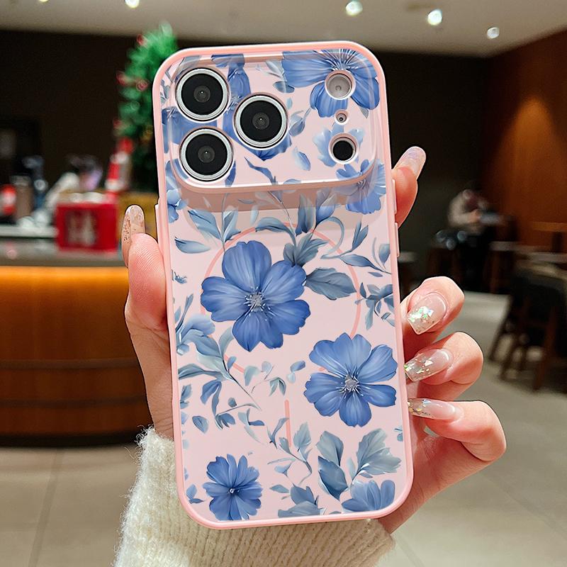Magnetic For Magsafe Case For iPhone 17 Pro Max Pale Blue Flowers Pattern Skin Feeling Cover For iPhone 16 15 14 13 Pro Max