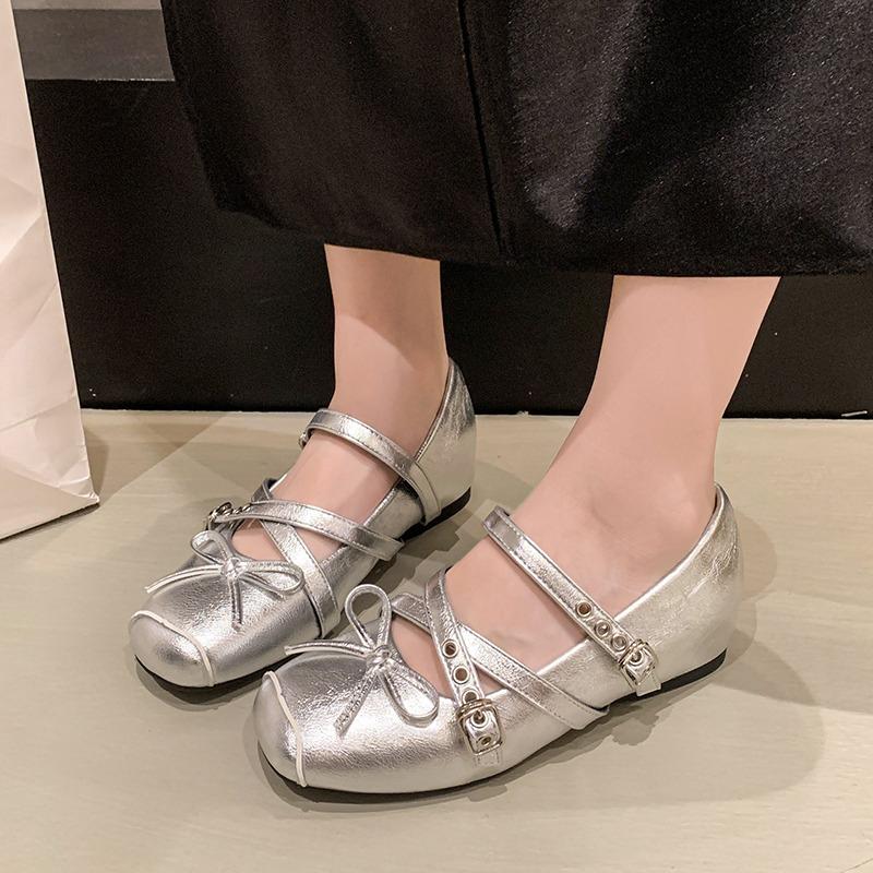 Fashion Inside Heightened Single Shoes Women's Fall New French Square Toe Shallow Rivet Bow Mary Jane Ballet Shoes