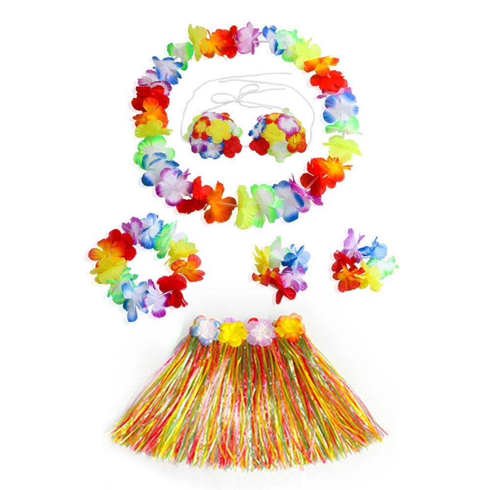 Party Adult Kids Hawaiian Grass Skirt Garland 6 Piece Set Festival Stage Performance Costume Outfit Props