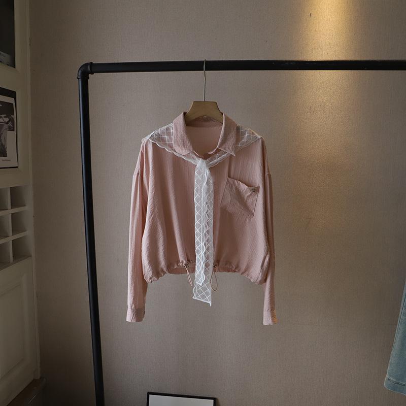 

[Bi Zheng] 2025 Spring Korean Style Striped Short Long Sleeve Shirt with Lace Shawl for Women One Size розовый