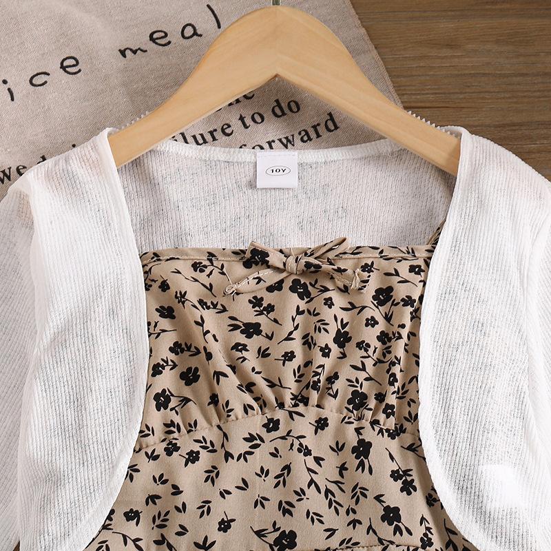 Elegantes Mädchenkostüm 2025 Sommer Kindermode Blumen Schlitz Neckholderkleid Langarm Strickjacke Jacke