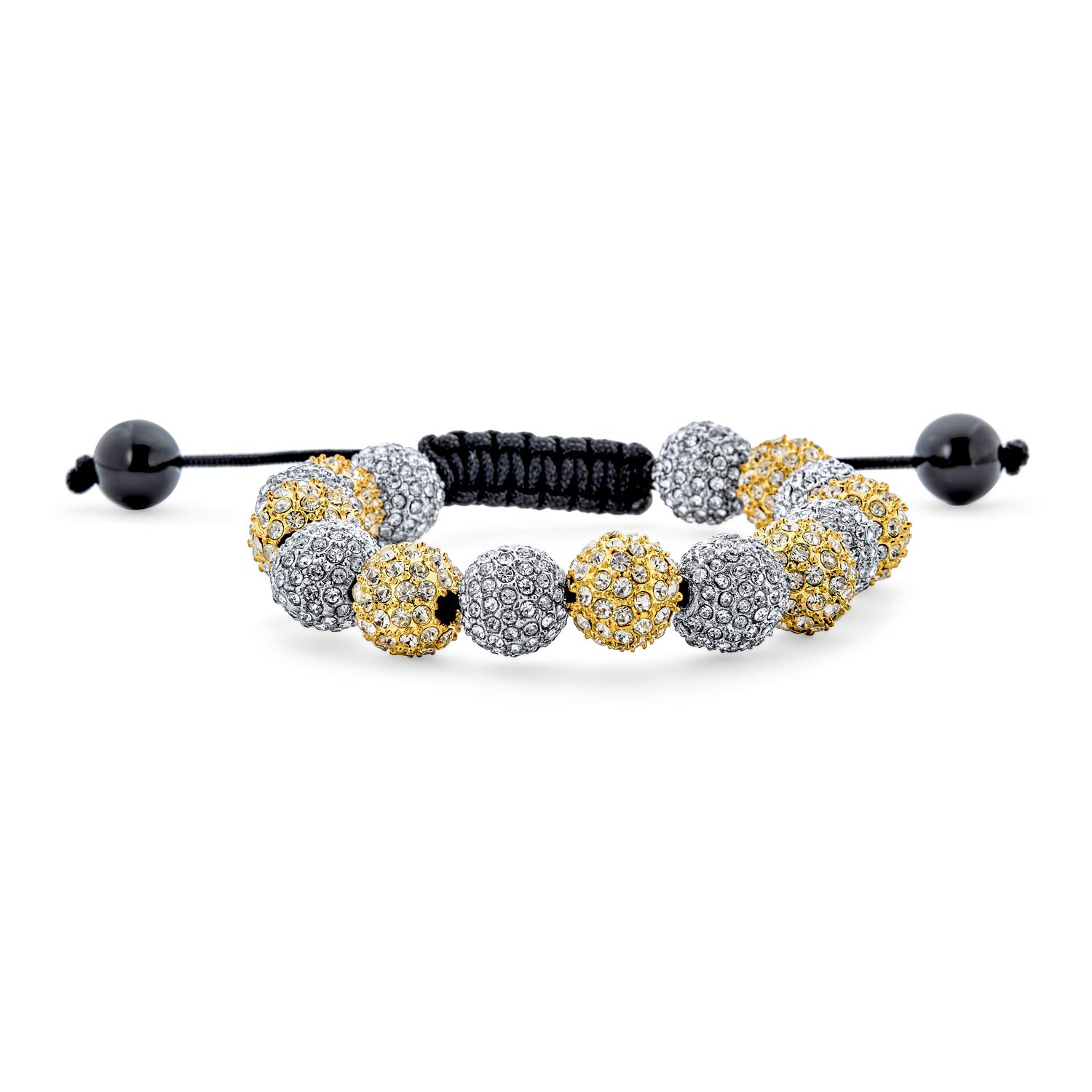 

Silver Gold Two Tone 10MM Pave Crystal Disco Ball Shamballa Inspired Black Cord String Adjustable Bracelet for Women [Bling Jewelry] Men s