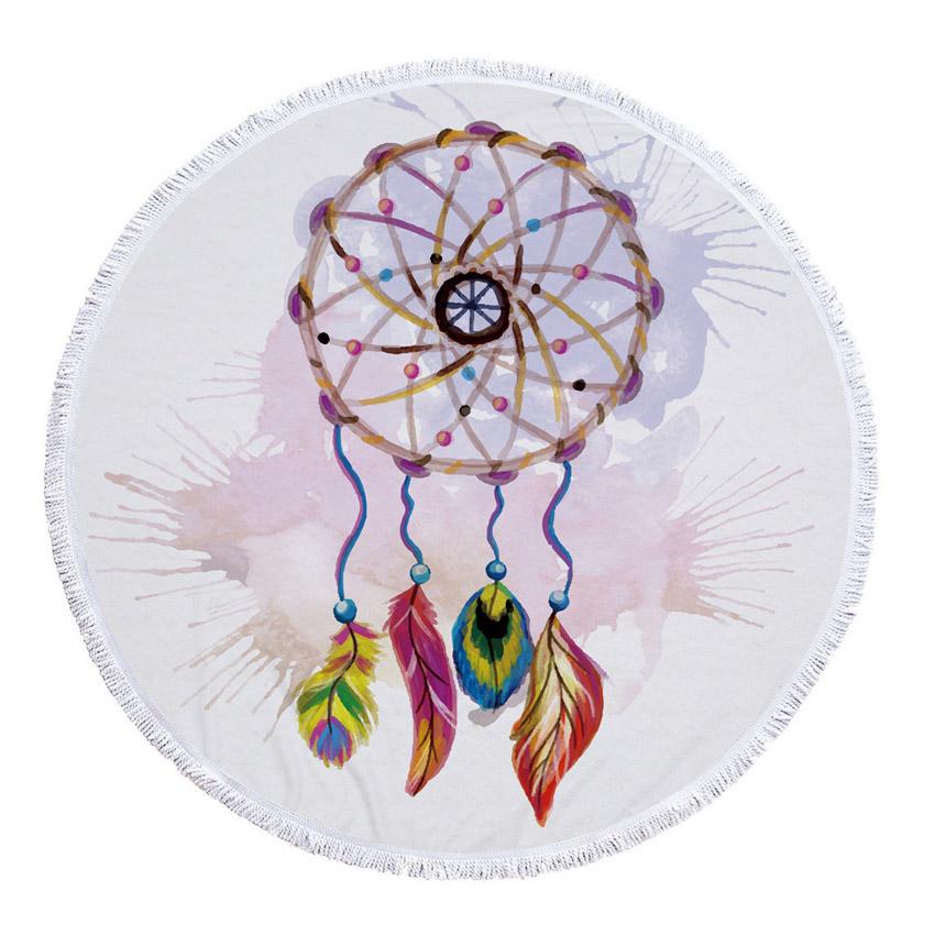 Prosop de Plajă Rotund din Microfibră Boho Dreamcatcher Prosoape Groase pentru Duș Baie Covoraș de Plajă de Vară 550g cu Ciucuri
