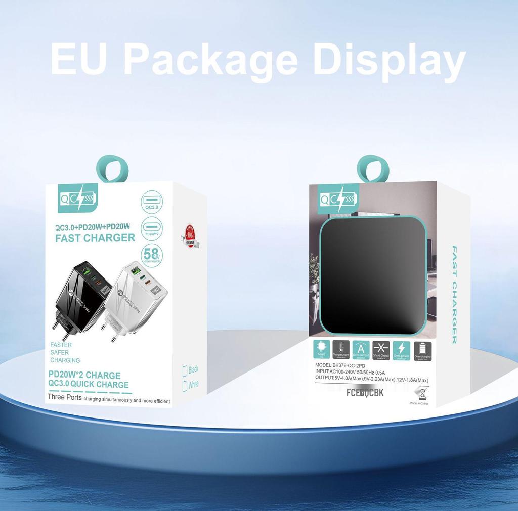 58W Dual Fast Charger with 2PD & QC3.0 for EU/US/UK/KR/AU